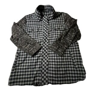 LOGO Lori Goldstein 2X Plaid Shirt Jacket Black Gray Zip Front Knit Sleeves